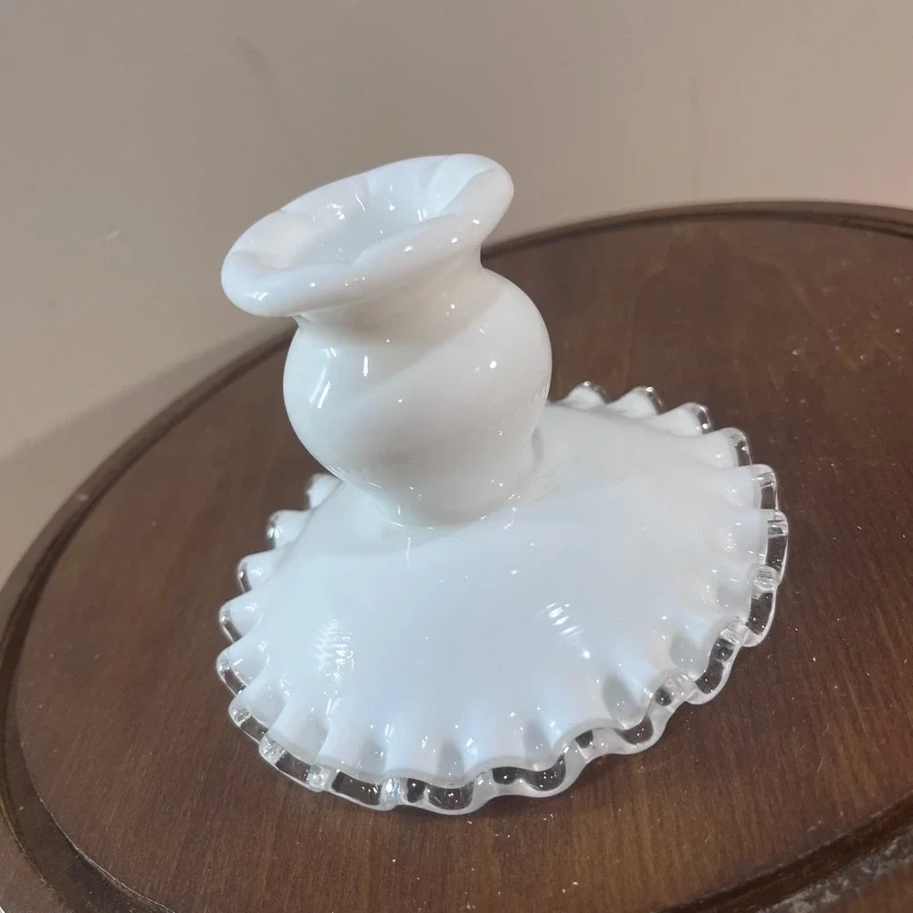 Vtg Fenton Milk Glass Silver Crest Ruffled Edge Candlestick Holder White